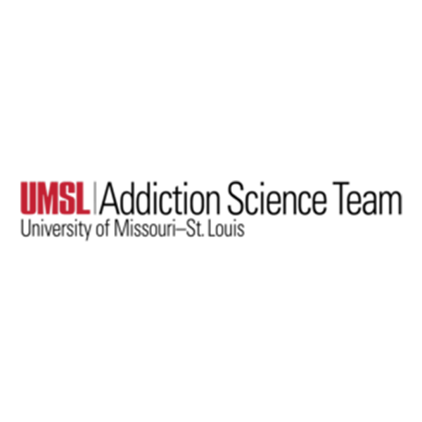 Text logo with UMSL in red, University of Missouri–St. Louis in black, and a nod to their pioneering work at MIMH in Addiction Science.