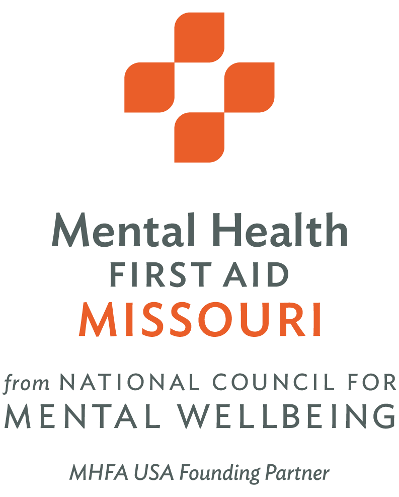 The logo for Mental Health First Aid Missouri showcases an orange cross, with the words Mental Health First Aid Missouri below. It also highlights from National Council for Mental Wellbeing and features MHFA USA Founding Partner at the bottom.