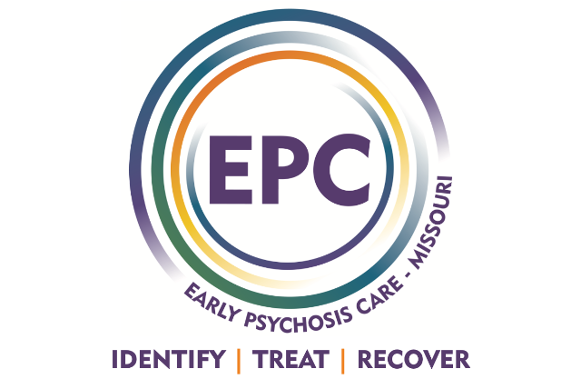 Logo for the Early Psychosis Care Center - Missouri featuring a circular design with green, blue, and orange rings around EPC in the center. Below, the text reads: IDENTIFY | TREAT | RECOVER, emphasizing comprehensive psychosis treatment.