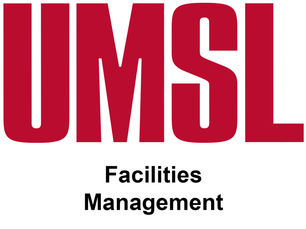 Red letters saying UMSL with sleek black text beneath that proudly reads Facilities Management, set against a crisp white background.