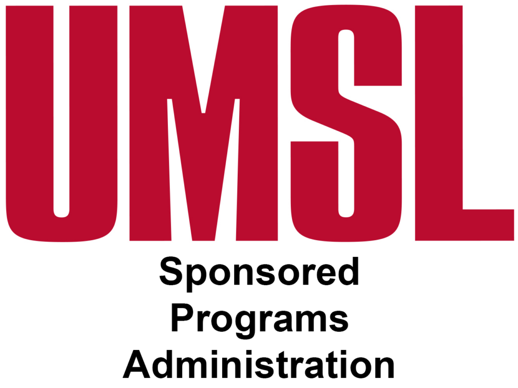 Red text UMSL above black text Sponsored Programs Administration adorns a pristine white background.
