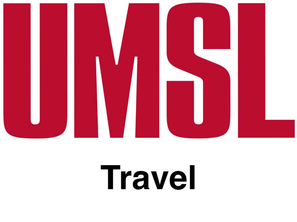 Bold red letters spell UMSL above the word Travel in black on a white background.